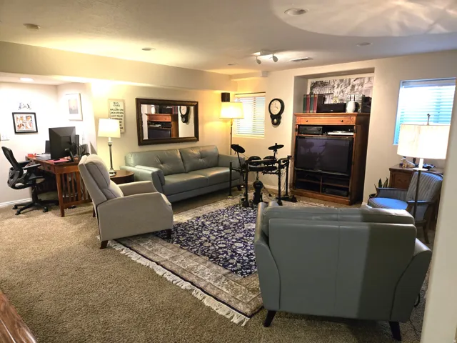 Recessed lighting, track lighting, built-in shelving, carpet flooring, window with blinds