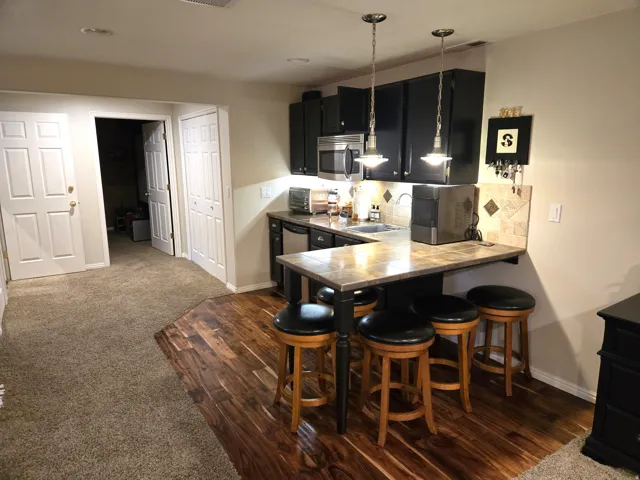 Kitchenette with black cabinetry, stainless steel appliances, and a tiled backsplash