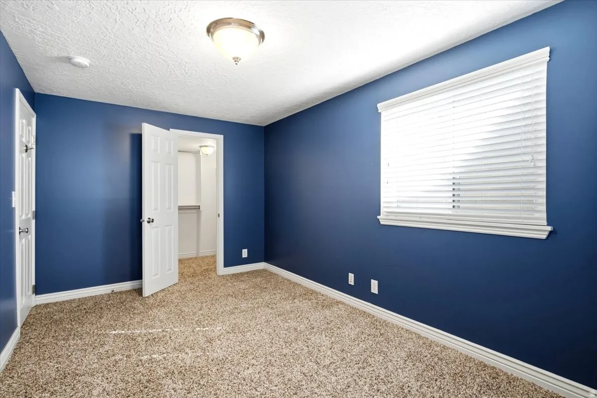 Plush carpet flooring, deep blue wall paint, a window with horizontal blinds, overhead ceiling light fixture, and a built-in closet with shelving
