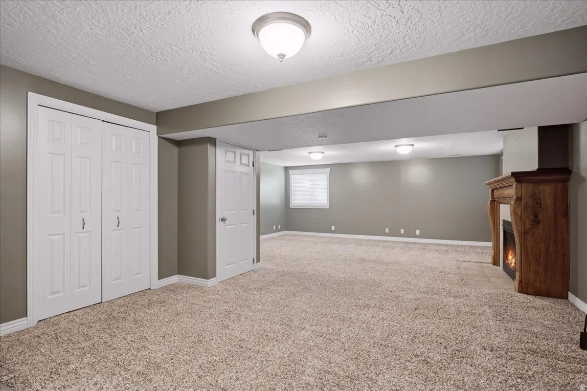 Recessed lighting, wood-finish fireplace mantel, and plush carpeting
