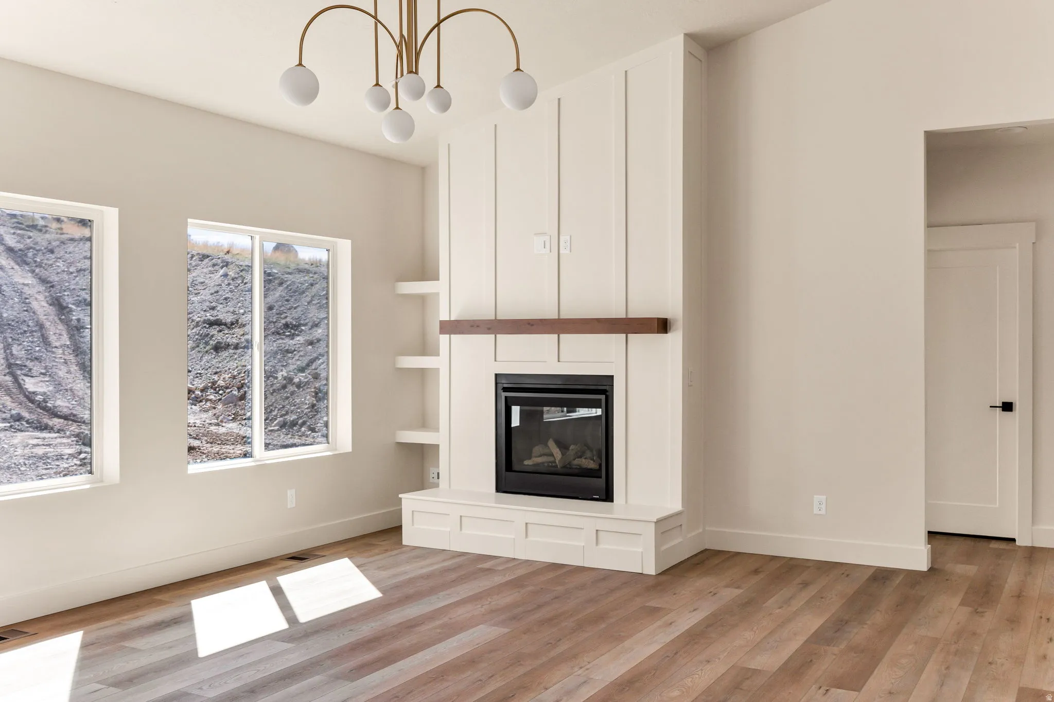 Wood-finish flooring with a white trim