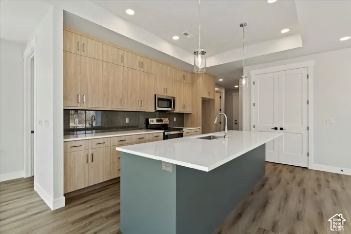 Kitchen featuring wood-finish cabinetry, stainless steel appliances, a center island with a white countertop, and wood-finish flooring