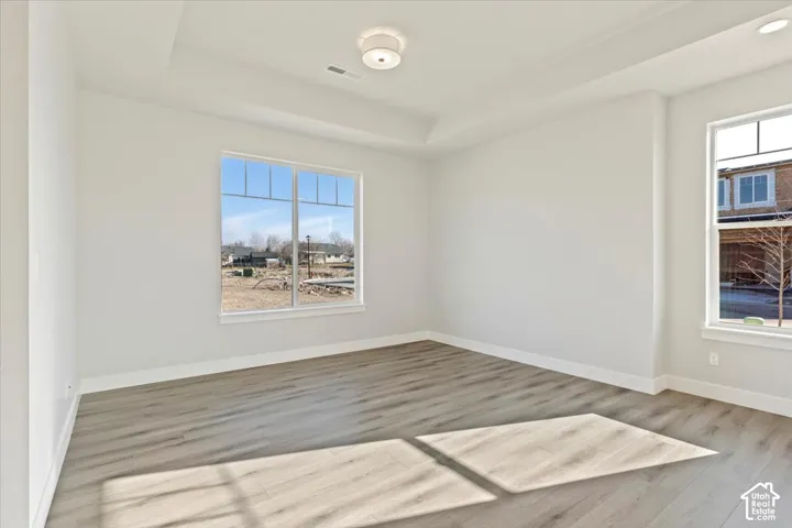 Recessed ceiling with an attached light fixture, wood-finish flooring, and multiple windows