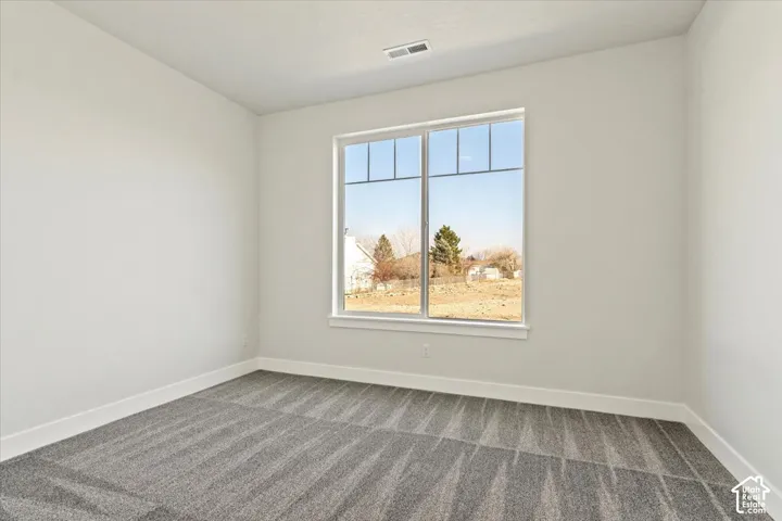 White walls, gray patterned carpet, and a large window with white trim