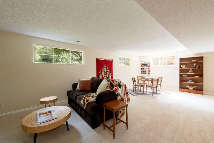 Carpeted flooring, multiple transom windows, and built-in shelving