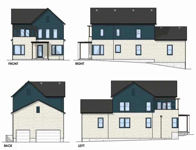 Architectural Exterior Elevation color scheme. Illustrating the property's exterior from multiple perspectives: front, right, back, and left views
