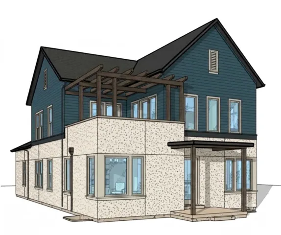 Architectural Rendering. Illustrating the exterior design of the property, including material finishes and structural components