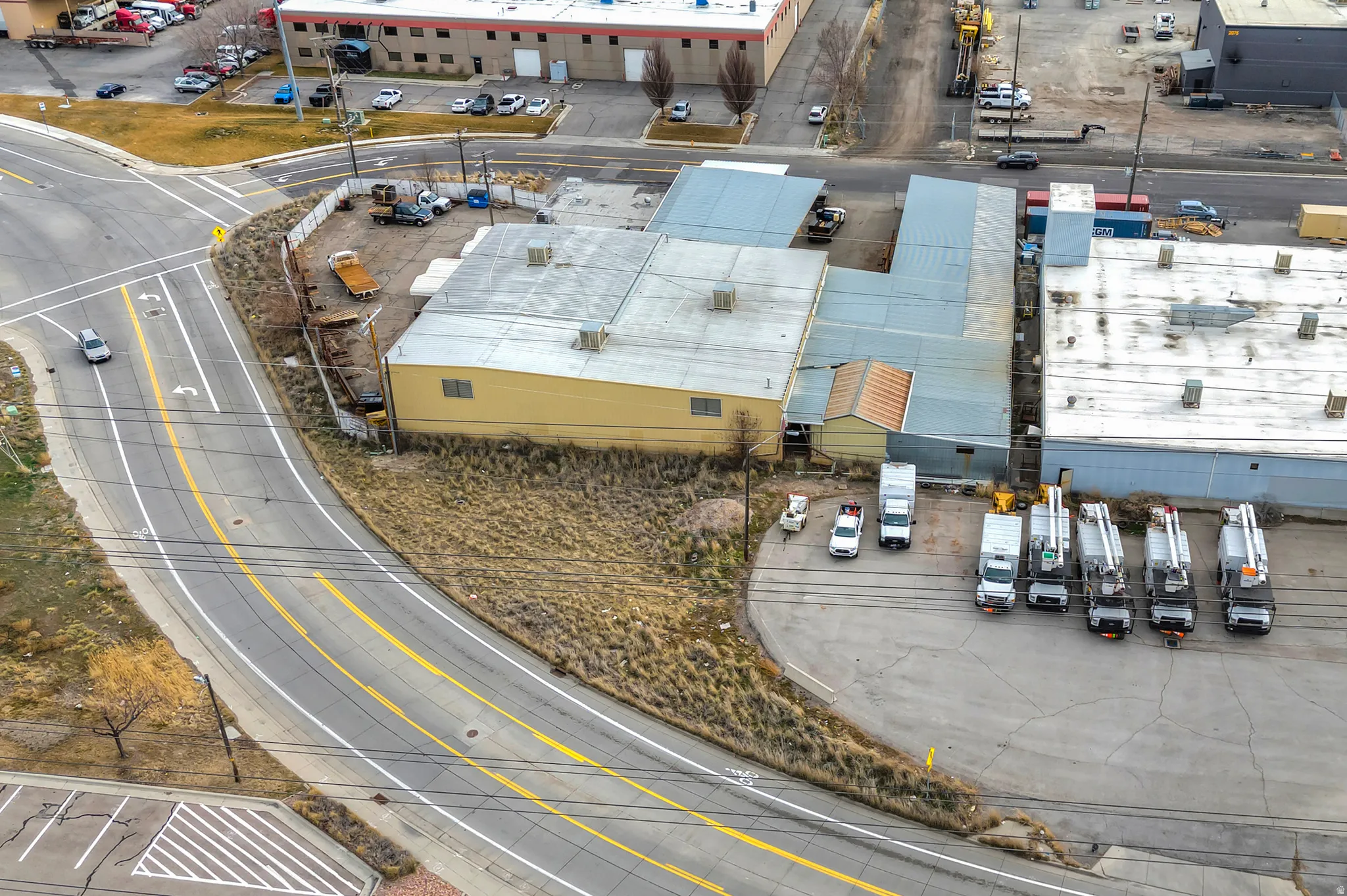 Warehouse building with a light-colored exterior and a flat roof