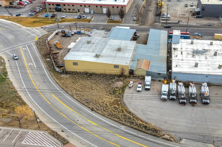 Warehouse building with a light-colored exterior and a flat roof