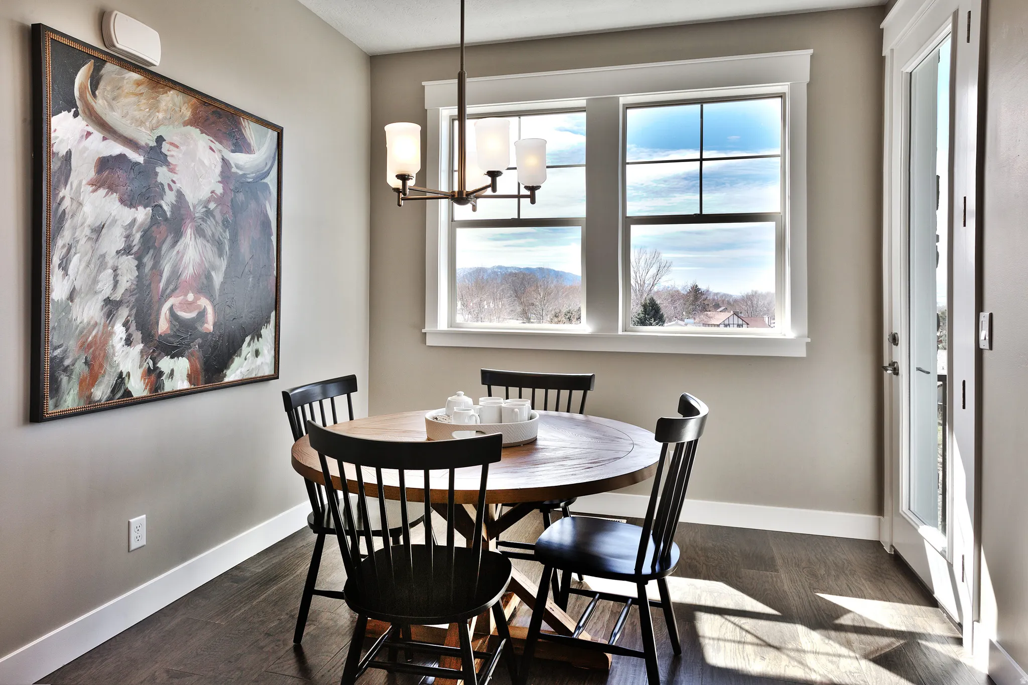 Dark wood-finish flooring with crisp white trim