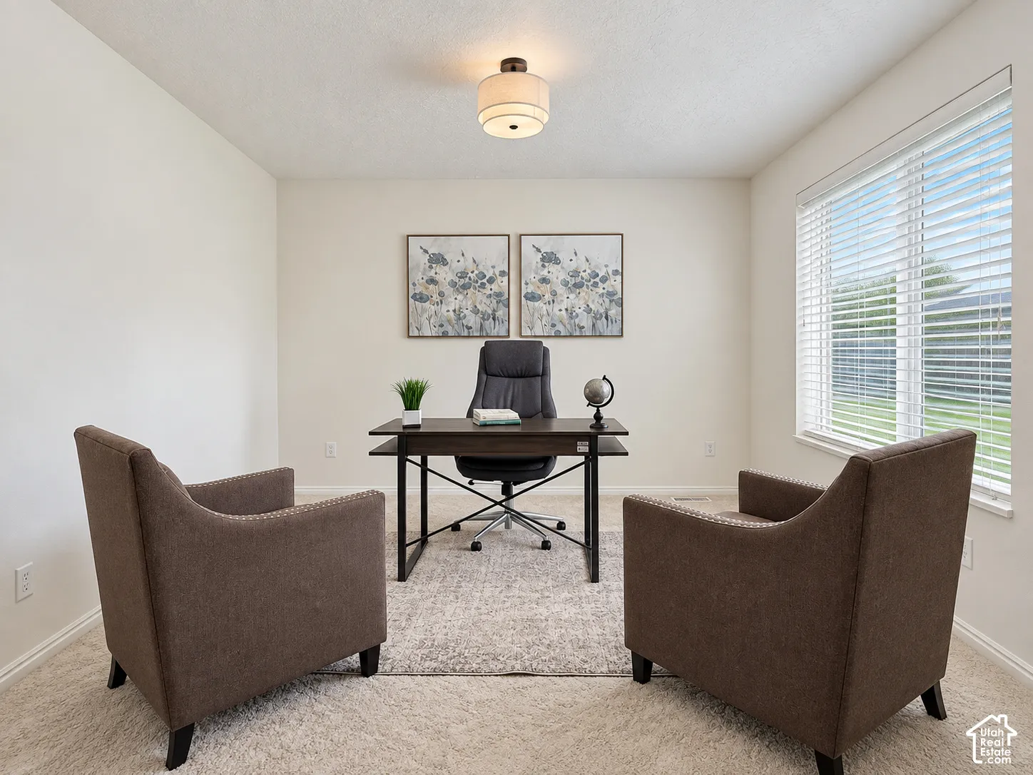 Recessed lighting, large window with blinds, light wall color, ceiling-mounted light fixture, carpeted flooring