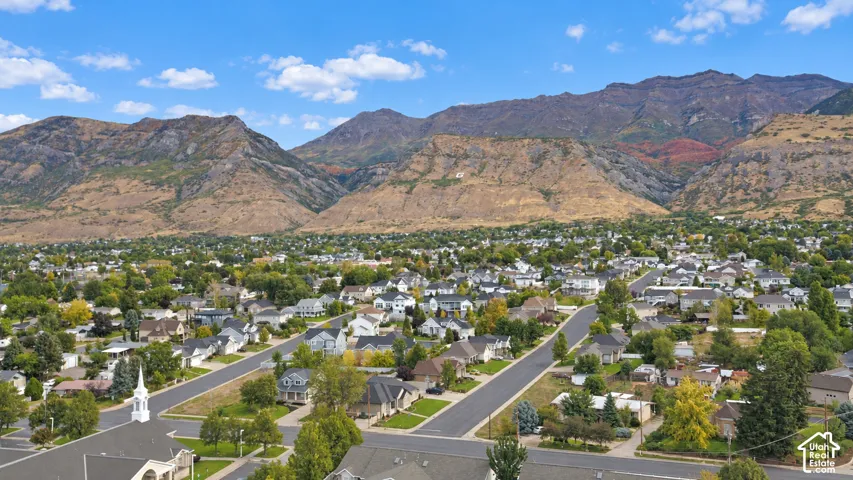 Neighborhood setting featuring diverse architectural styles, tree-lined streets, and a mountainous backdrop
