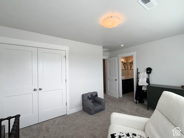 Carpeted flooring, white interior doors, and a ceiling-mounted light fixture