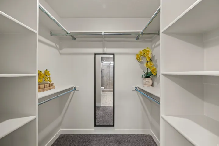Walk-in closet featuring built-in shelving, chrome hanging rods, and a full-length mirror
