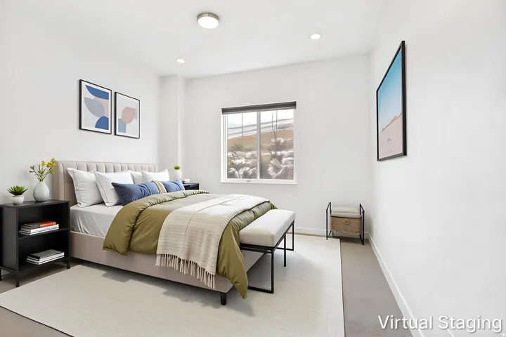 Recessed lighting, flush-mount ceiling light, single window with roller shade, neutral wall color, and wood-finish flooring