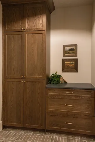 Built-in cabinetry with wood-finish shaker doors, integrated drawers, and a dark countertop