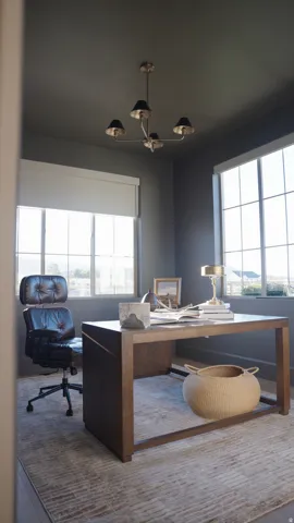 Wood-finish flooring, dark wall paint, multiple windows, roller shades, and a chandelier with dark shades