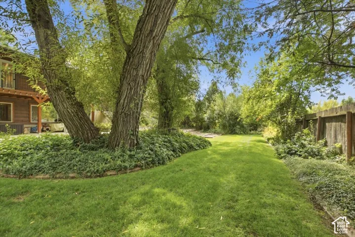 Expansive lawn area with mature trees and established ground cover
