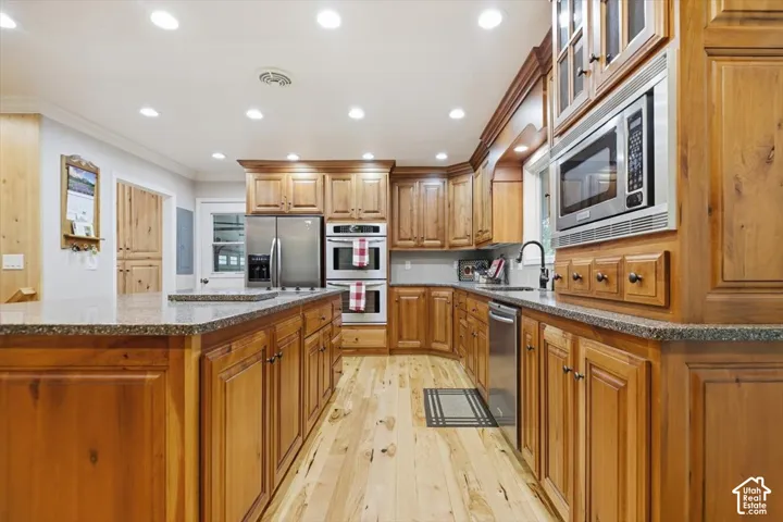 Well-appointed kitchen featuring wood-finish cabinetry, granite countertops, stainless steel appliances, and recessed lighting