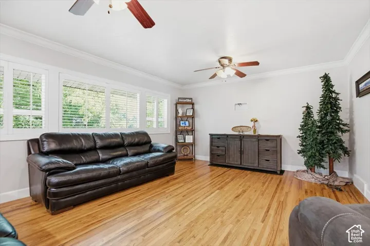 Hardwood flooring and multiple windows with plantation shutters