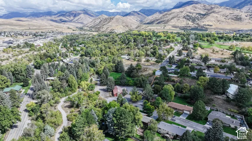 Expansive residential area featuring established homes, abundant mature trees, paved roadways, and a prominent mountain backdrop