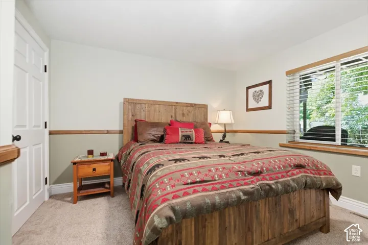Plank wood-finish bed frame, carpeted flooring, wood-finish window trim, and a two-tone wall with wood-finish chair rail
