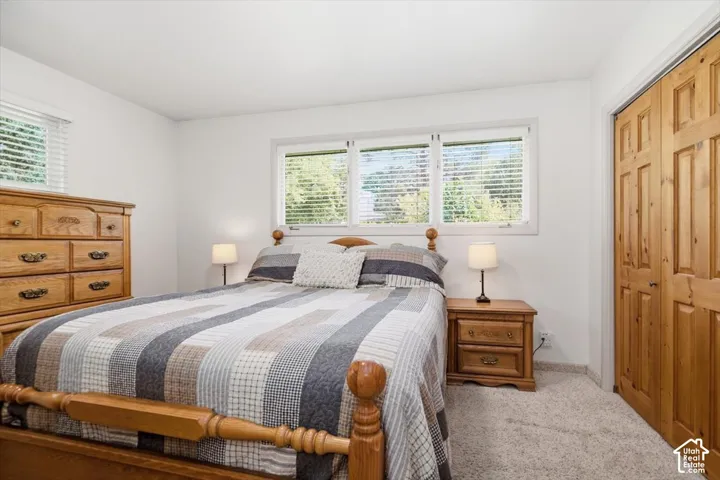 White walls with textured carpeting, featuring a window with horizontal blinds and a bi-fold closet door