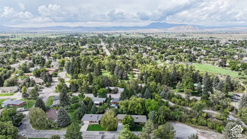 Expansive neighborhood with mature trees, established residential properties, paved streets, and distant mountain backdrops