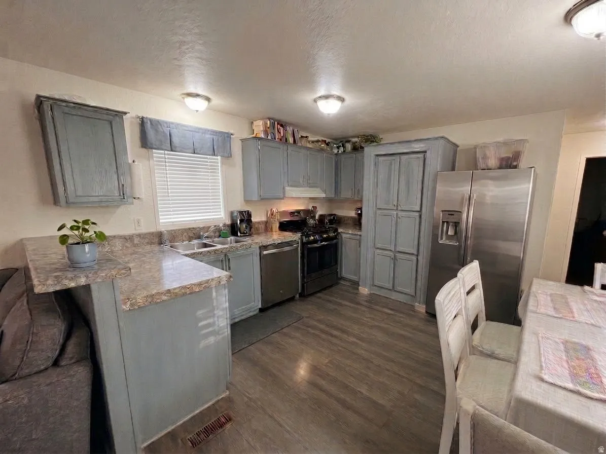 Kitchen with gray cabinetry, stainless steel appliances, and wood-finish flooring