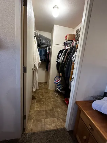 Walk-in closet with vinyl flooring, overhead lighting, and built-in shelving