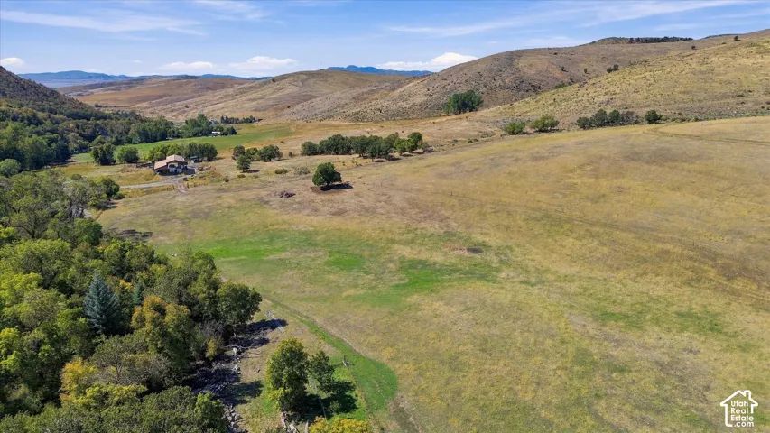 Expansive natural landscape with rolling hills, mature trees, and a distant residence
