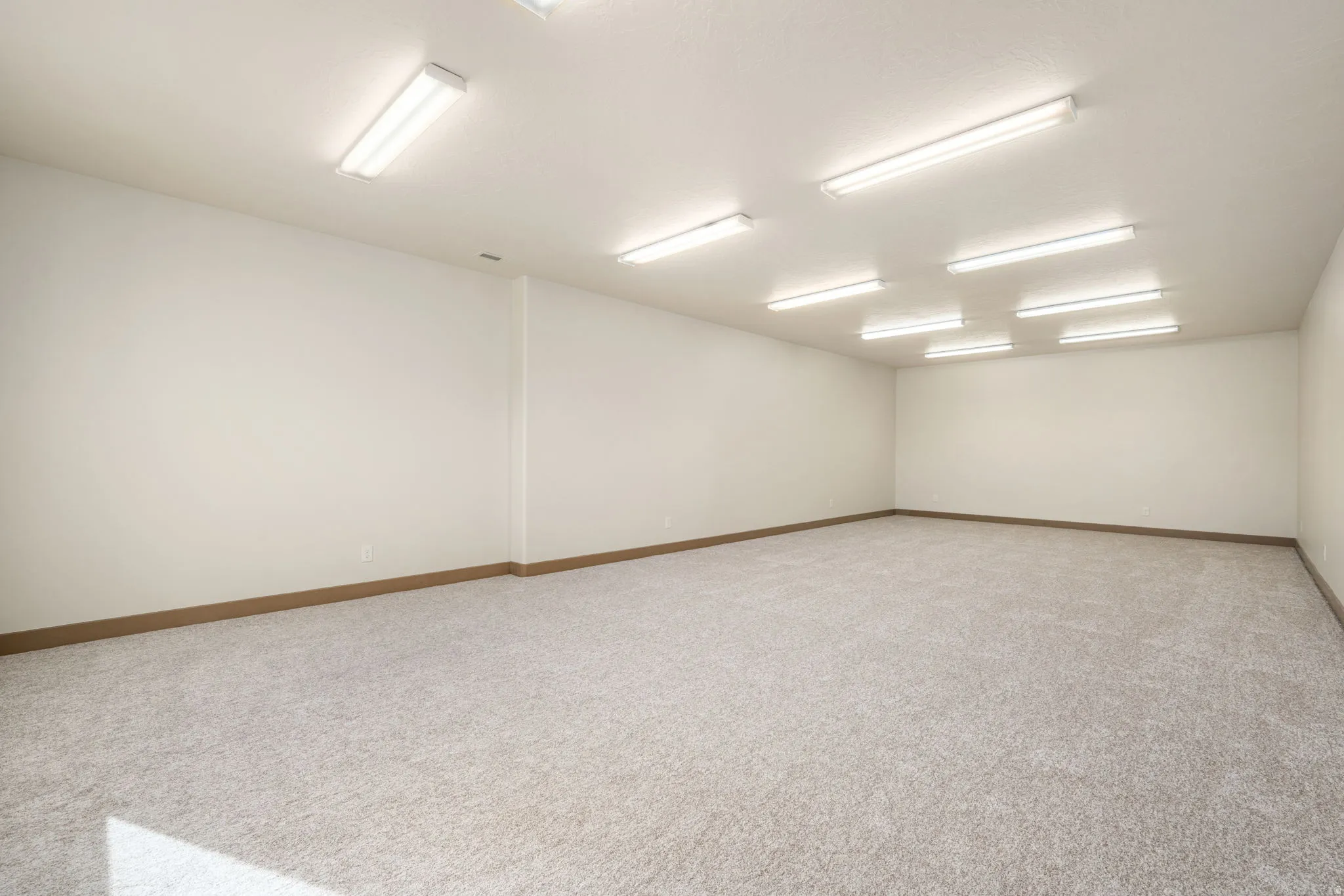 Spacious room featuring neutral carpet flooring, light-colored walls, wood-finish trim, and ample overhead fluorescent lighting