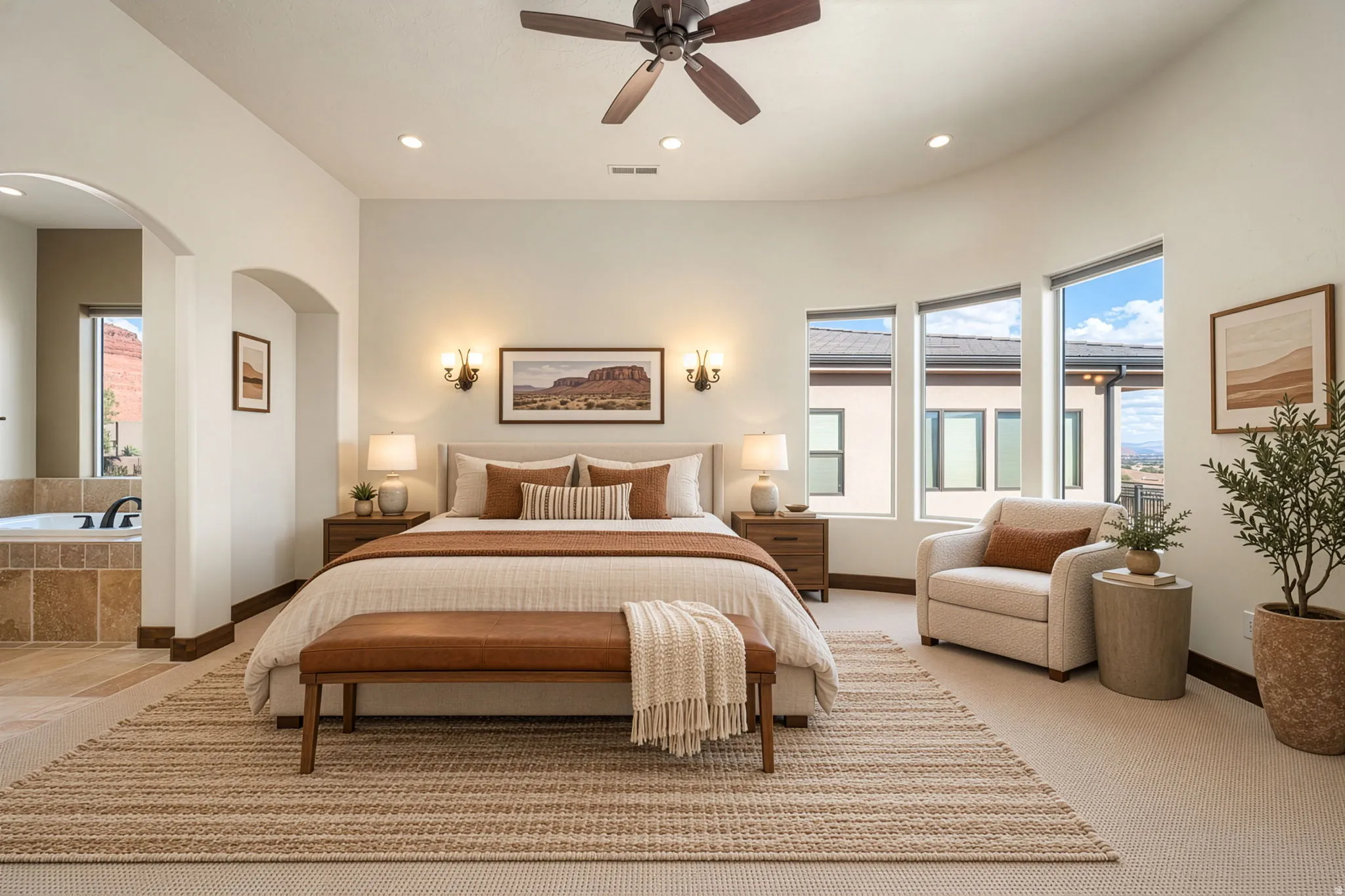 Primary Bedroom. Recessed lighting, ceiling fan, arched doorways, multiple windows, and a built-in jetted tub with tile surround