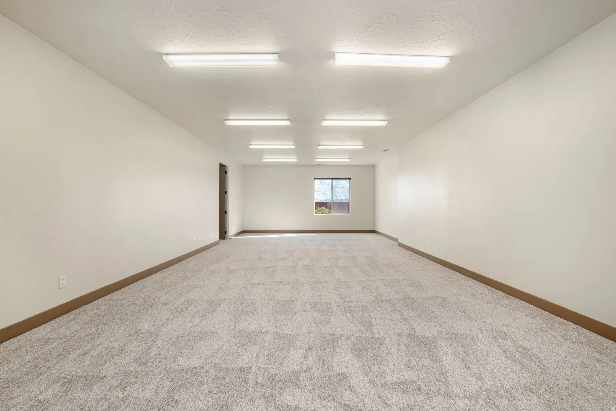 Expansive interior space featuring light-toned carpeting, ample overhead lighting, a single window, and a dark-toned door frame