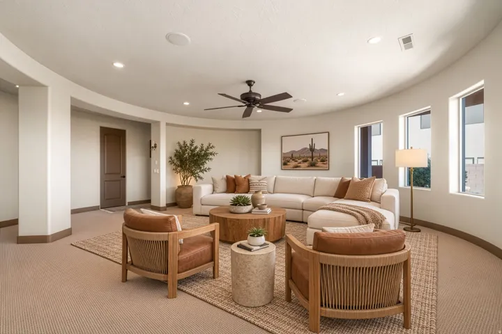 Curved architectural wall, recessed lighting, ceiling fan, multiple large windows, and neutral carpeting