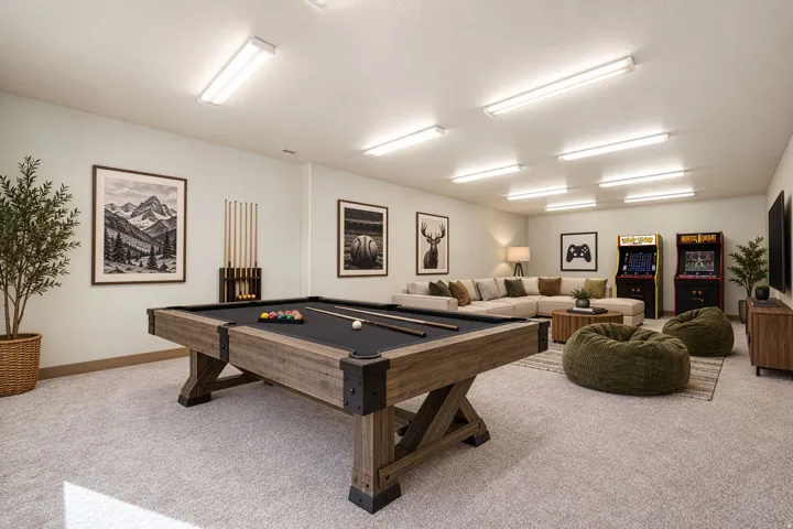 Spacious 600 sft room featuring light-colored carpeting, multiple overhead fluorescent light fixtures, and a neutral wall color