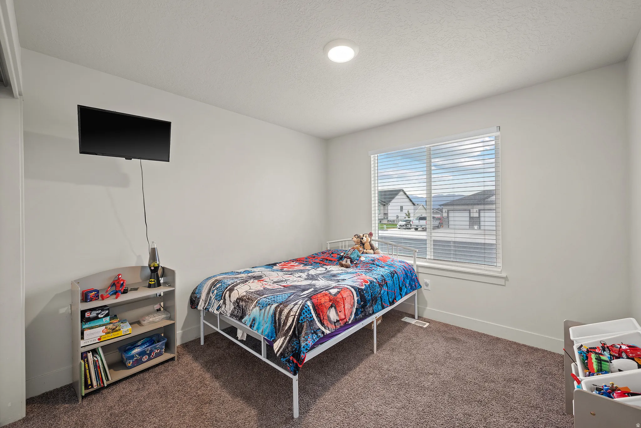 Carpeted room featuring a large window with blinds and a flush-mount ceiling light