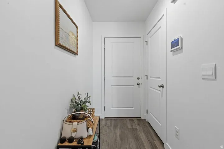 Wood-finish flooring, white paneled doors, and a neutral wall palette