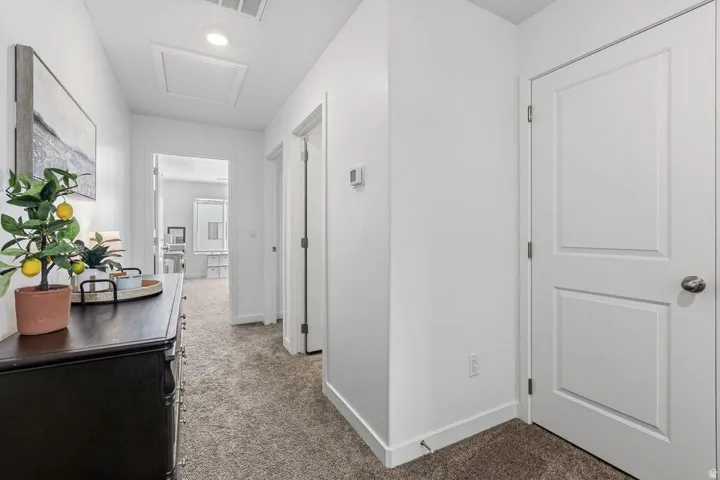 Recessed lighting, white paneled doors, and neutral carpet flooring