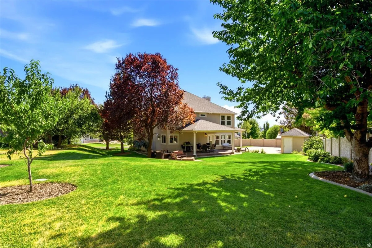 Expansive lawn with mature trees and a covered patio