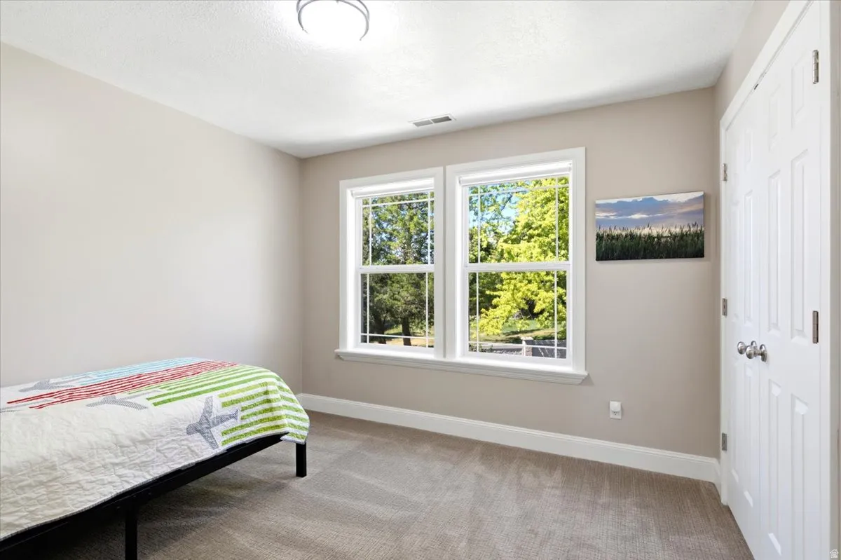 Neutral-toned walls, carpeted flooring, and a flush mount ceiling light