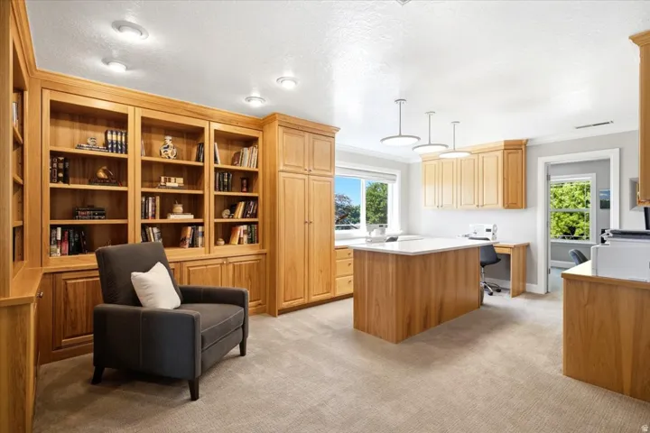 Built-in natural wood cabinetry, recessed lighting, neutral carpeting, and multiple windows