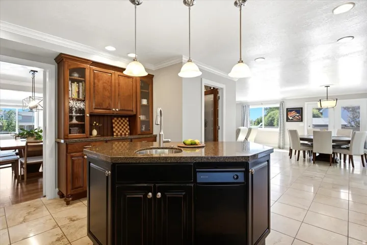Central kitchen island with an undermount sink and integrated dishwasher