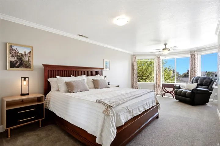 Expansive room featuring a bay window, crown molding, a ceiling fan, and carpet flooring