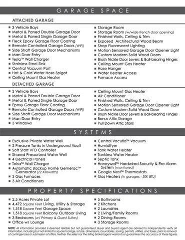 Property Specifications Sheet. Detailing garage features, systems, and property dimensions