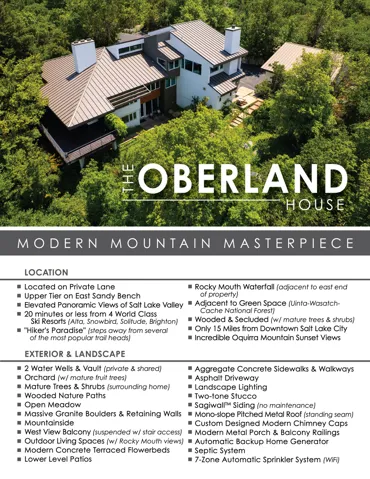 Marketing Flyer. Detailing property location and exterior features for the Oberland House