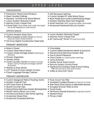 Property Feature List, Upper Level. Detailing interior and exterior attributes of the property's upper level