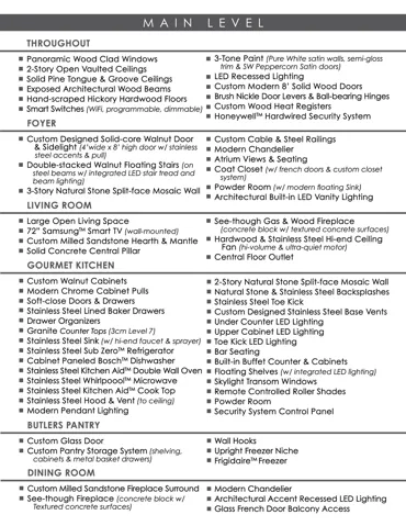 Property Specification Sheet, Main Level. Detailing architectural features and amenities across various areas of the property