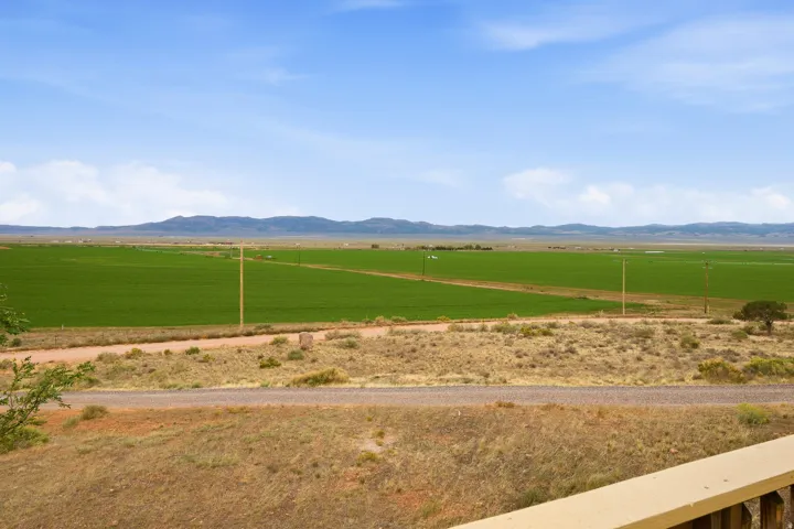 Expansive rural landscape featuring vibrant green fields, distant mountain ranges, and clear skies