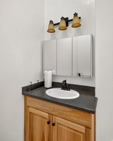Wood-finish vanity with dual-door cabinetry, dark countertop, oval undermount sink, and a three-light fixture